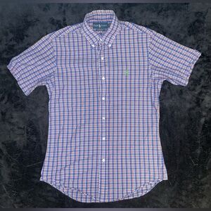 Polo Ralph Lauren Mens Blue Orange Plaid Button Down LS Shirt Size S Custom Fit